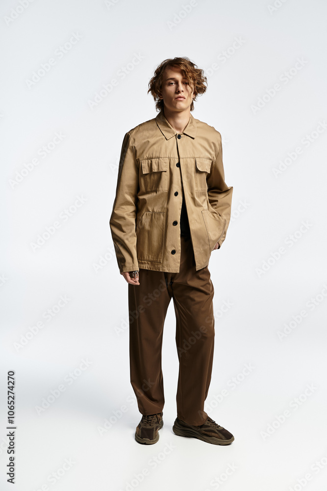 Fototapeta premium A handsome young man with wavy hair showcases a trendy autumn look in a sleek studio setting.