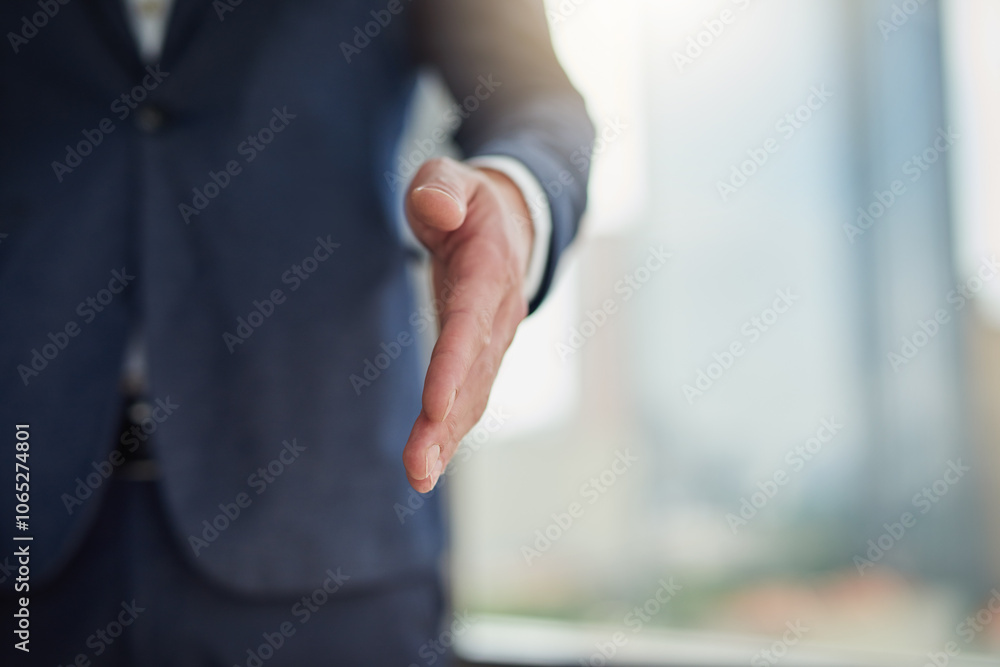 Fototapeta premium Business, office and showing hand for greeting with welcome, hello and introduction for meeting. Professional, employee and handshake gesture at workplace for congratulations, agreement and thank you