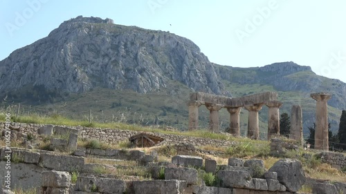 Archaic temple  of Apollo ruins in Ancient Corinth, Peloponnese, Greece