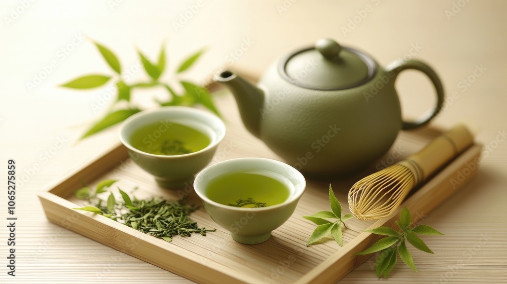 Tranquil Green Tea Set with Fresh Leaves Tranquil Green Tea Set with Fresh Leaves