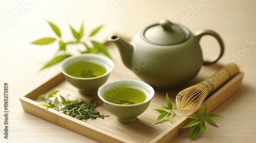 Tranquil Green Tea Set with Fresh Leaves