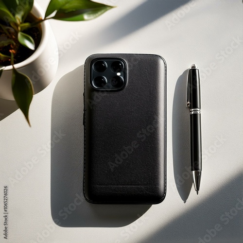 Black phone case mockup. Leather case, notebook and ballpoint pen on white table in the sun photo