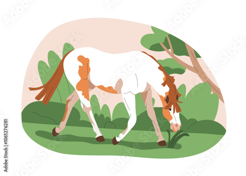 Horse grazing, walking and eating grass. Calm equine, farm animal feeding on ...