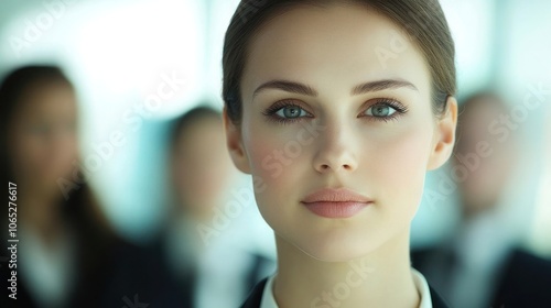 Close-up portrait of a young woman with green eyes looking at the camera photo