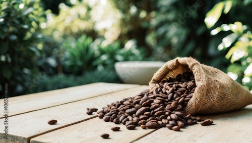 Cocoa beans spilled from burlap sack on rustic wooden table in garden. photo