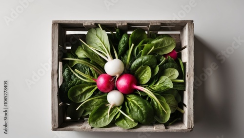 Freshly harvested radishes and spinach in a wooden crate. photo