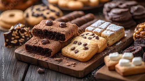 Delicious assortment of cookies and pastries on a wooden board.