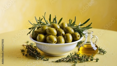 Fresh green olives in a small white bowl with olive oil and herbs on a bright background. photo