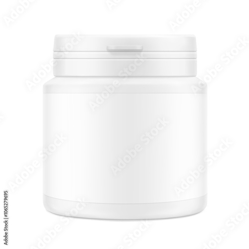 White plastic bottle container with snap-hinge cap. Vector illustration isolated on white background. Front view. Mockup perfect show your product with tamper evident push-on hinged cap. EPS10.