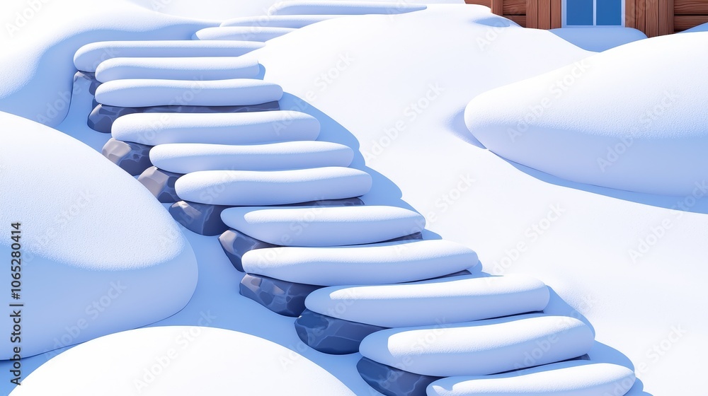 Fototapeta premium Explore the serene pathway through a snow-covered landscape leading to a cozy cabin retreat