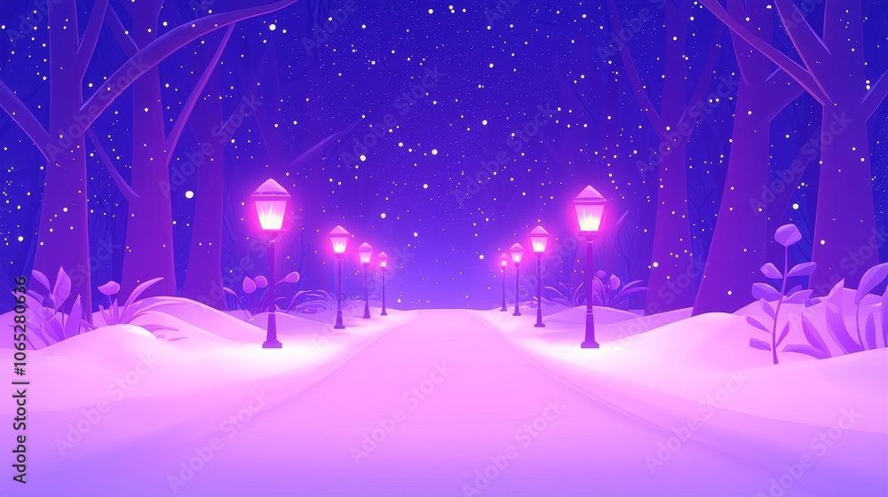 Explore the enchanting winter pathway illuminated by glowing street lamps under a starry sky Explore the enchanting winter pathway illuminated by glowing street lamps under a starry sky