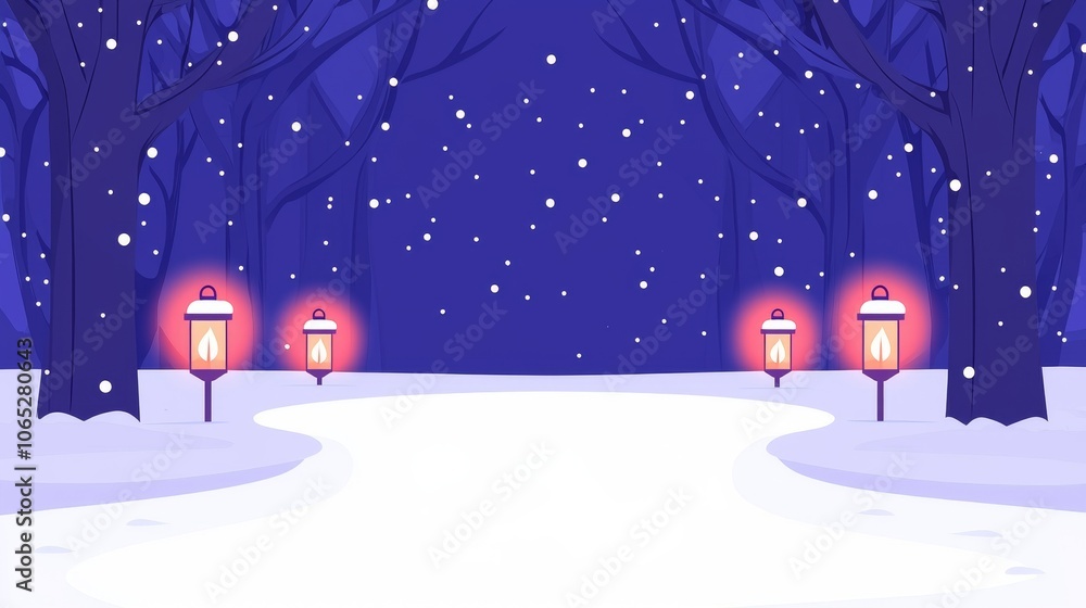 Fototapeta premium Enchanting winter pathway illuminated by lanterns under a starry night sky