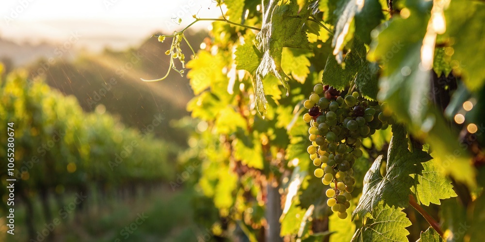 Fototapeta premium Sunlit Vineyard with Green Grapes and Leaves