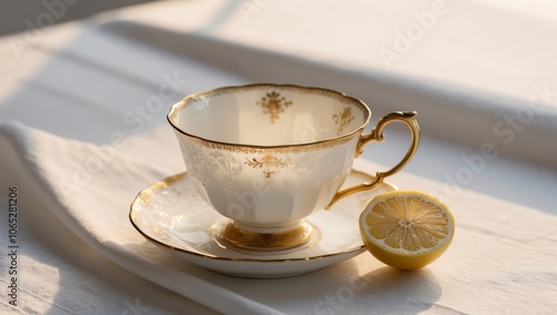 Ornate Teacup With Lemon Slice in Sunlight. photo