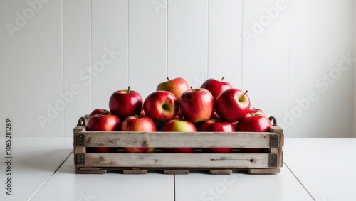 Freshly harvested red apples in a rustic wooden crate on a bright background. photo