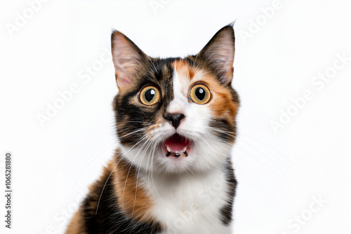 Shocked & Surprised Calico Cat,  Isolated on White Background with Funny & Excited Expression