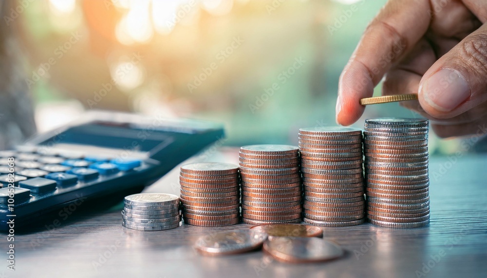 Building Financial Success: A hand carefully places a coin atop a ...