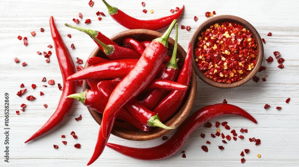 Fresh Red Peppers and Spices on Wooden Table Fresh Red Peppers and Spices on Wooden Table