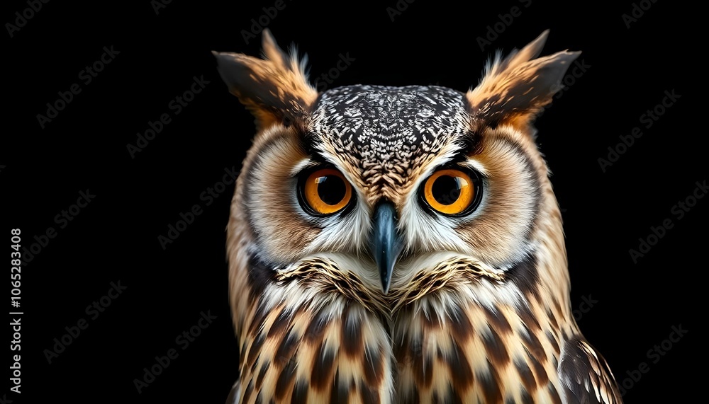 Fototapeta premium Detailed portrait of a female great horned owl against a dark background highlighting her features