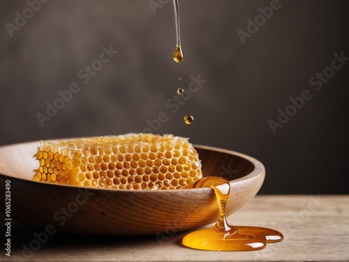 Natural honeycomb and honey in a wooden bowl on a dark background. photo