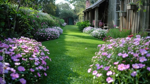 Wallpaper Mural A tranquil garden pathway lined with blooming flowers and lush green grass near a rustic wooden house. Generative AI Torontodigital.ca