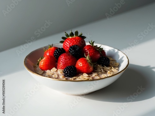 Fresh fruit and oats breakfast bowl with strawberries and blackberries. photo