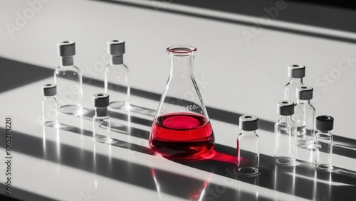 Red liquid in a flask with vials in a lab experiment. photo