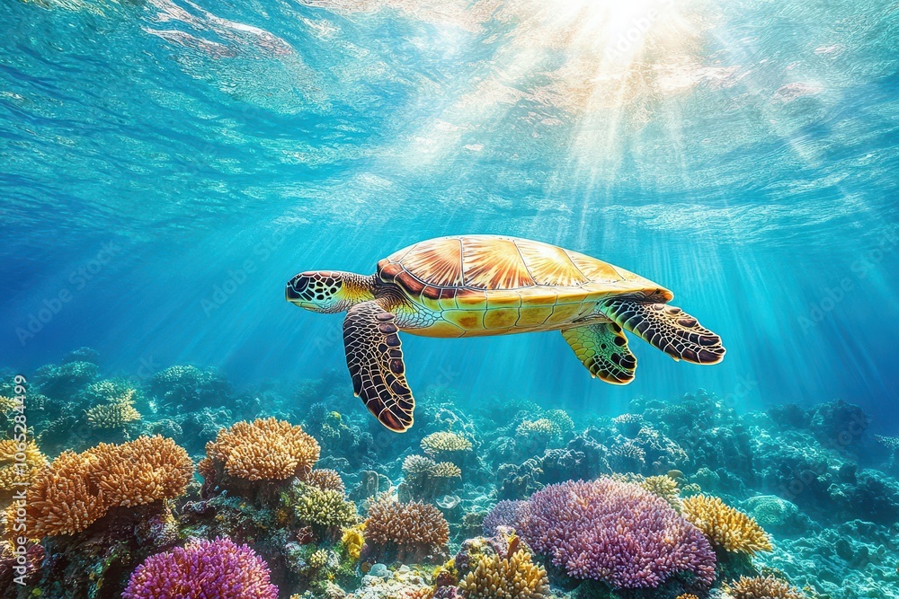 Obraz premium A serene underwater scene with a sea turtle, and vibrant coral reefs in crystal-clear water, highlighting the beauty of marine life and the importance of environmental protection.AI Generation