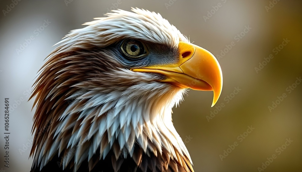 Fototapeta premium A close-up portrait of a bald eagle with its distinctive hooked beak, piercing eyes, and feathered head