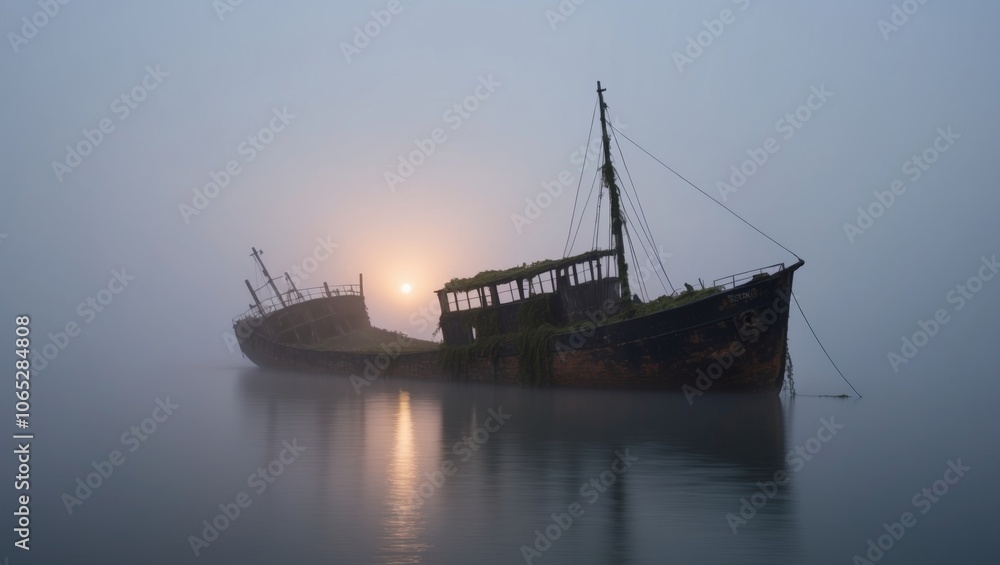 Fototapeta premium Wreck of an old ship partially submerged in foggy waters at dawn.