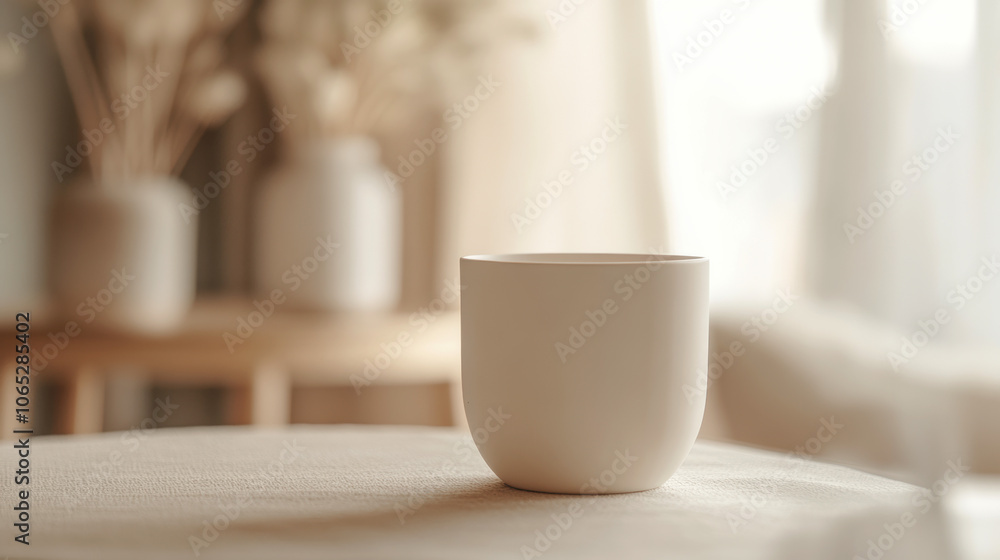 Fototapeta premium Minimalist ceramic mug on soft linen surface in calm neutral tones