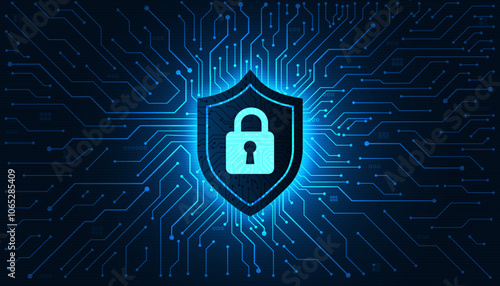 Cyber security vector background, shield lock in futuristic Concept of internet privacy and cyber protection, circuit board background. Technology connected blue lines with electronics elements