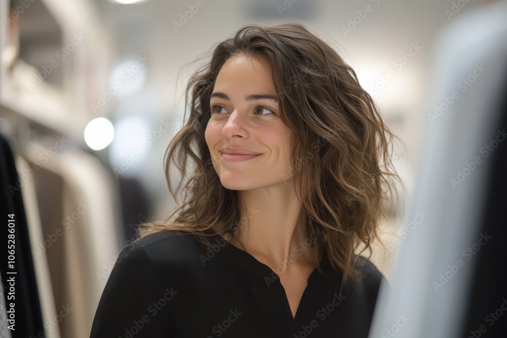 Fototapeta premium A woman with textured wavy hair looks joyfully to the side in a fashionable boutique, her expression exuding warmth and capturing an essence of stylish calm.