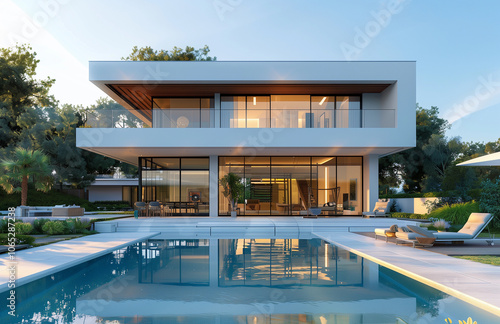 Wallpaper Mural Modern villa with a serene pool and lush greenery under a clear blue sky Torontodigital.ca