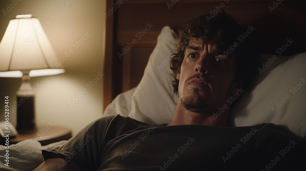 Fototapeta premium Man lying in bed with wide-open eyes, showing deep concern and fatigue, unable to sleep in dimly lit room with soft glow from nightstand lamp. 