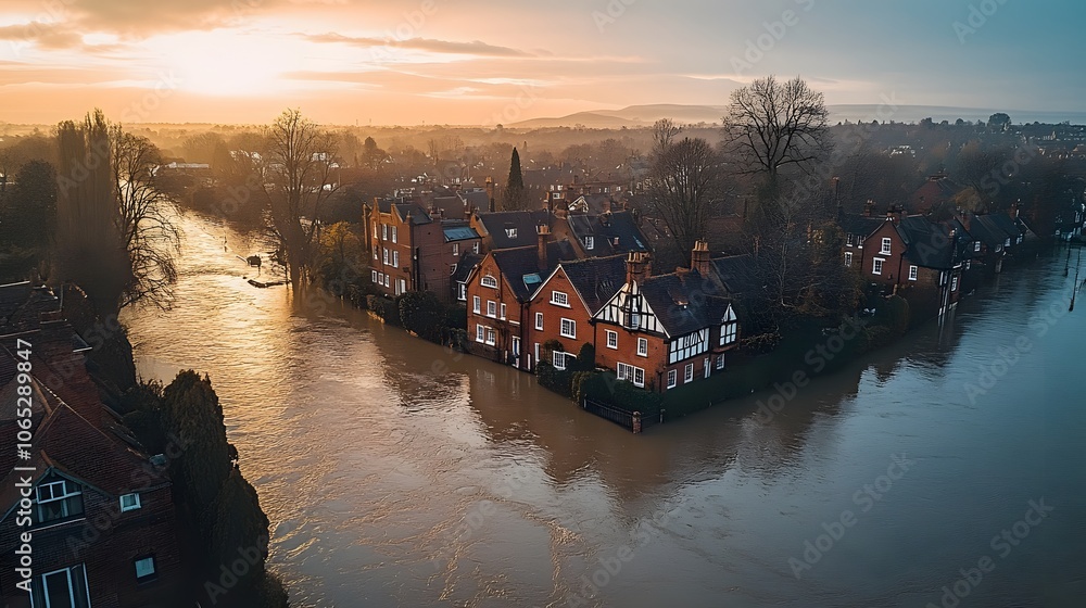 Obraz premium Flooded houses at sunset, showcasing the impact of rising water levels.
