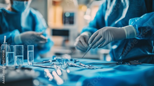 Medical team preparing for surgery in the operating room, sterile tools and gloves, patient prepped and ready