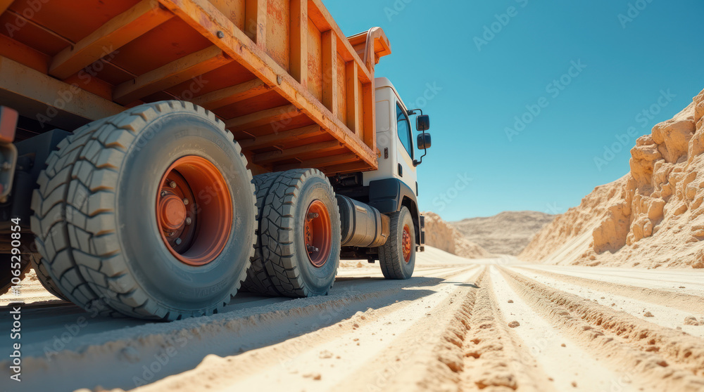 Fototapeta premium Close-Up View of Dump Truck in Sunny Quarry Road