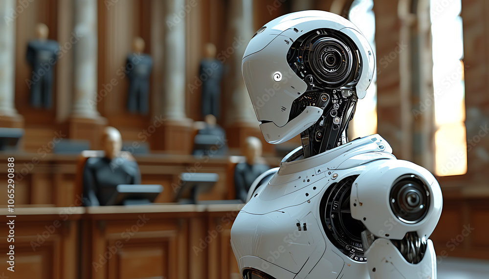 Fototapeta premium Futuristic courtroom with robots, showcasing advanced technology and design