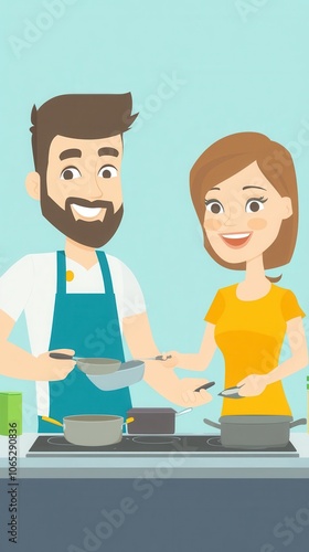 A couple joyfully prepares a meal together, engaging with pots and pans on their kitchen counter