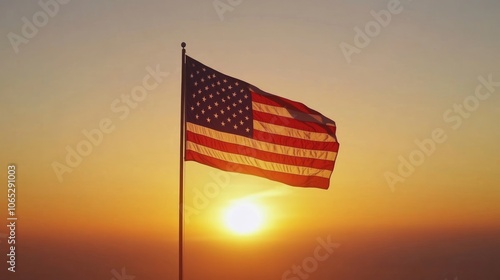 American Flag Against a Sunset Background