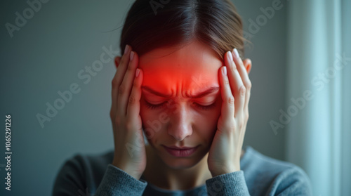 Woman Experiencing Headache with Hands on Forehead in Close-Up