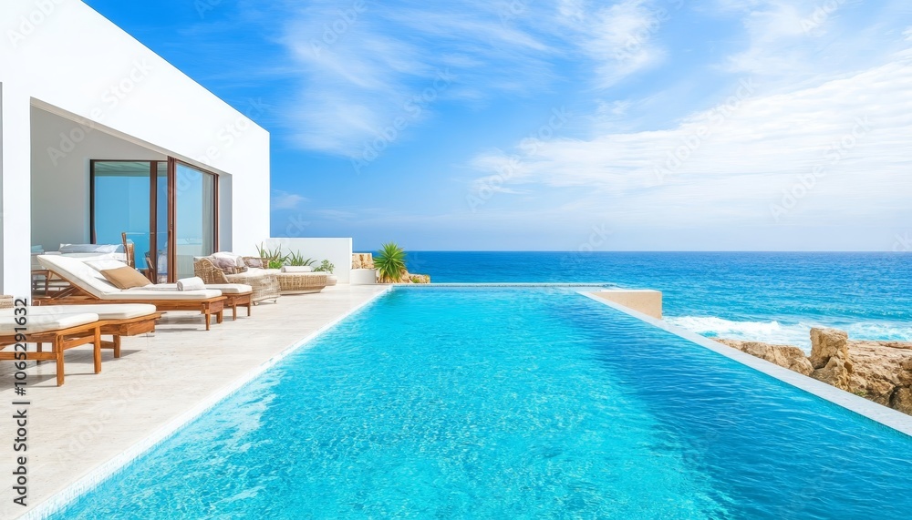 Fototapeta premium Luxury villa with infinity pool, sunbeds, breathtaking ocean view. Perfect for summer vacation.
