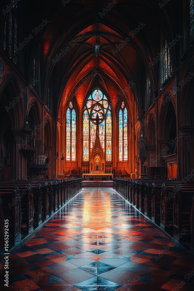 Obraz premium Impressive church interior featuring stained glass windows and empty pews