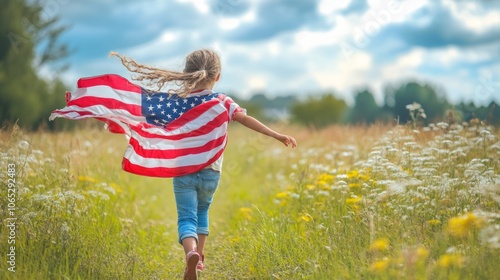 Young Girl Running Through a Field with an American Flag Cape