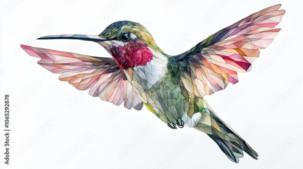 Fototapeta premium Hummingbird in flight with triangular feathers, in hues of olive green and rose pink 