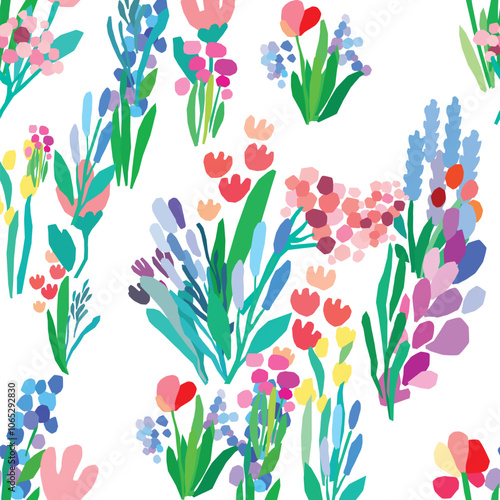 Seamless pattern of colorful flowers and leaves on a white background. Floral textile print design. Vector wildflowers