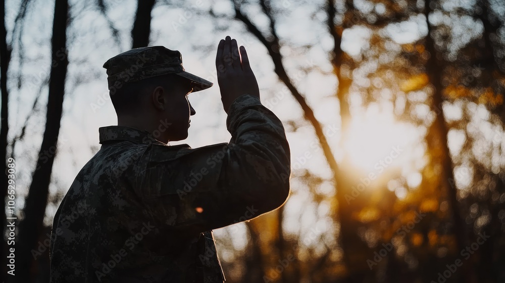 Obraz premium Silhouette of a Soldier Saluting at Sunset in a Forest