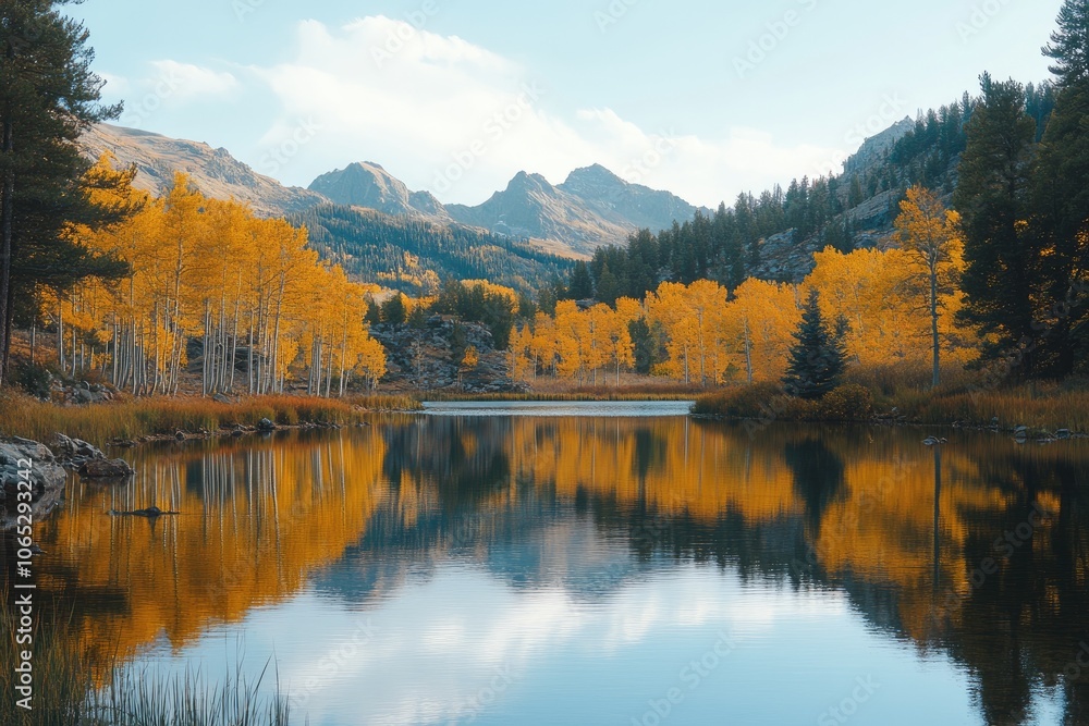 Golden aspen trees reflecting in a mountain lake during autumn Golden aspen trees reflecting in a mountain lake during autumn