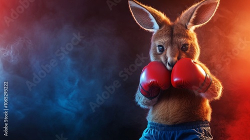 A kangaroo in boxing stance with red gloves, ready for action amidst dramatic lighting and smoke